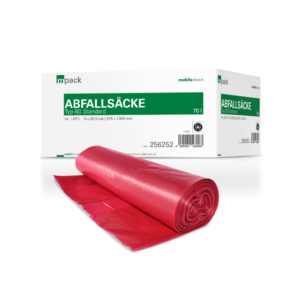 mpack Abfallsäcke 70L rot Typ60 LDPE 575x1000mm 25 Stück/Rolle