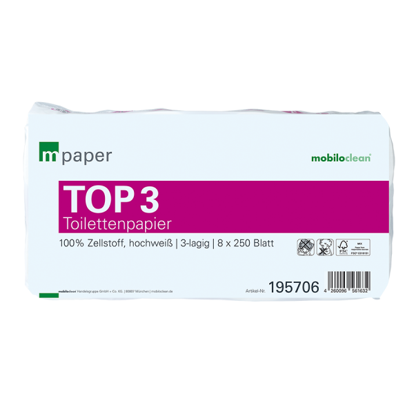 mpaper Toilettenpapier Top³ 3-lagig hochweiß, 9x8 Rollen à 250 Blatt 