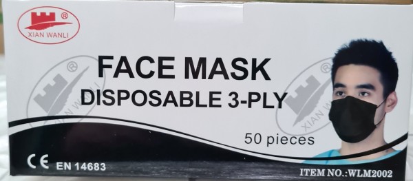 OP Mundschutz 3lagig schwarz Filtration 98% m.Nasenrücken-Band mit Gummi-Bändern, VE: 20 x 50 St.